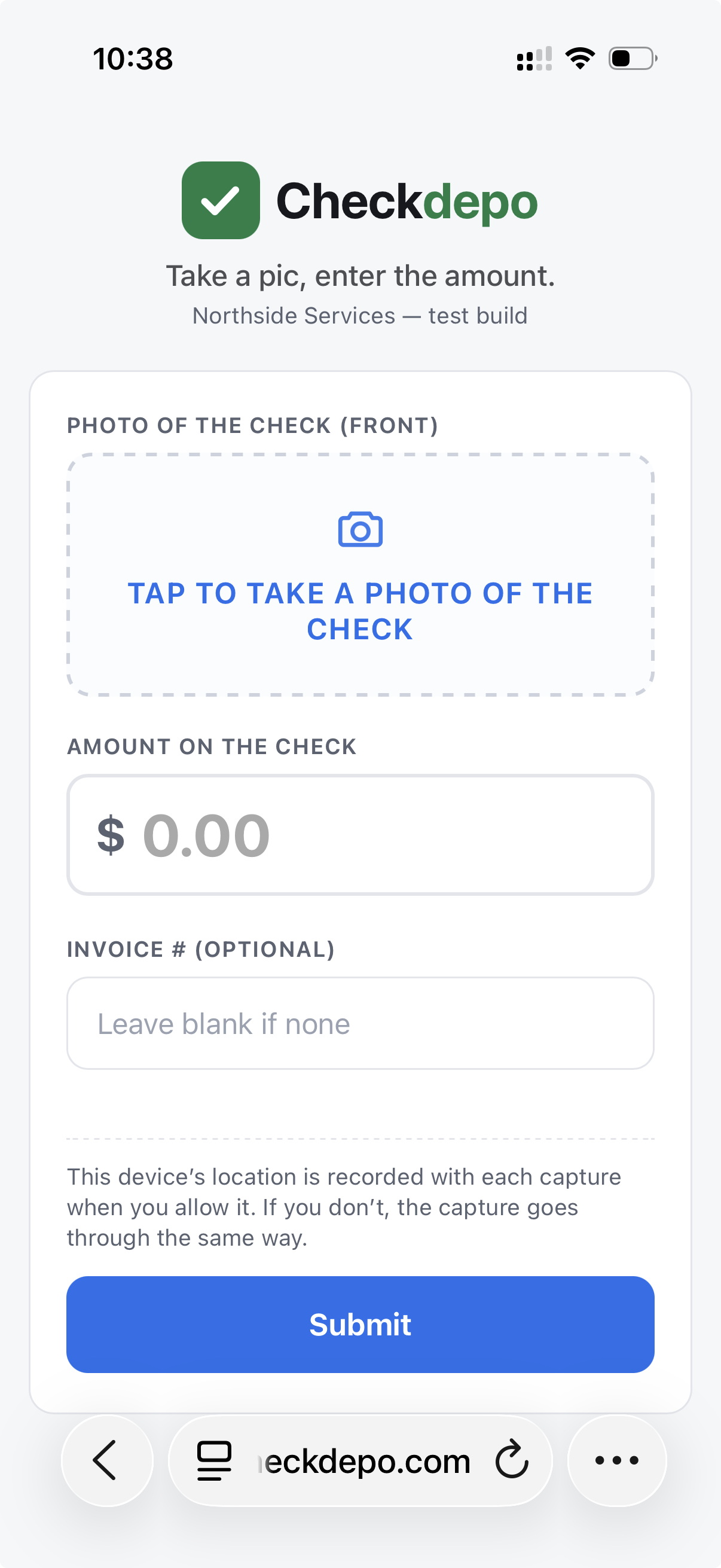 Checkdepo capture form: take a photo of the check and enter the amount, for in-person deposits.
